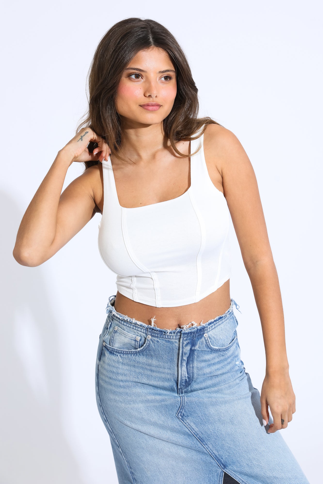 Denim Halter Neck Seamed Crop Top Light Denim' M 