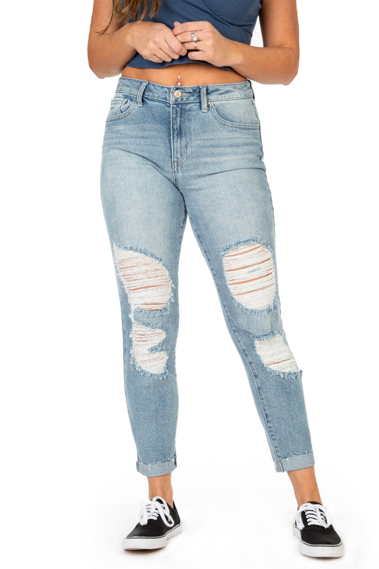 Women's High-Rise Ripped Medium Wash Vintage Flare Jeans