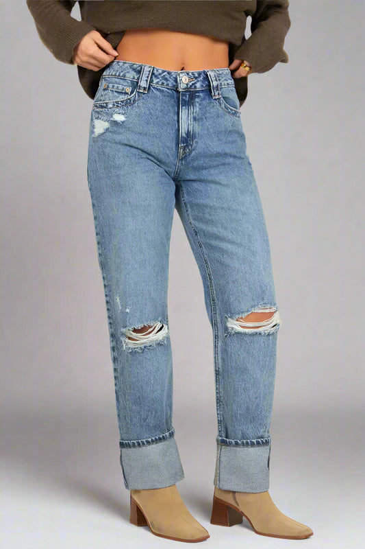 Cuffed Straight Ankle Jeans - Vintage Blue Black