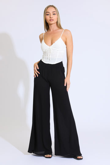 SMOCKED FRONT WRAP WIDE LEG PANT - BLACK