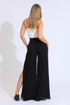 SMOCKED FRONT WRAP WIDE LEG PANT - BLACK