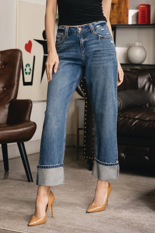 Cuffed Straight Ankle Jeans - Carbon Blue