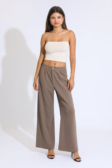 Aubrey Pleated Wide Leg Trousers - Wrinkle Resistant Light Brown