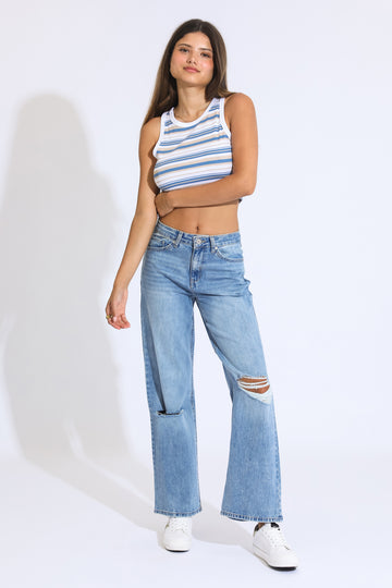 SUPER HIGH RISE WIDE LEG JEANS - MEDIUM BLUE/BLACK