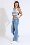 SUPER HIGH RISE WIDE LEG JEANS - MEDIUM BLUE/BLACK