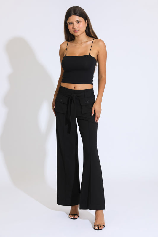 Self Tie High Rise Wide Leg Trousers - BLACK