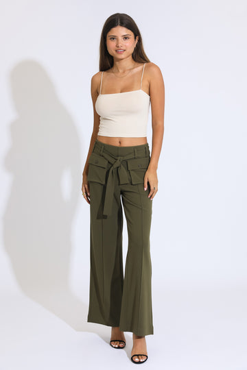 Self Tie High Rise Wide Leg Trousers - Sea Kelp