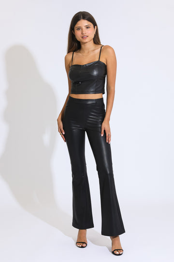 HIGH RISE FAUX LEATHER FLARE PANTS- BLACK