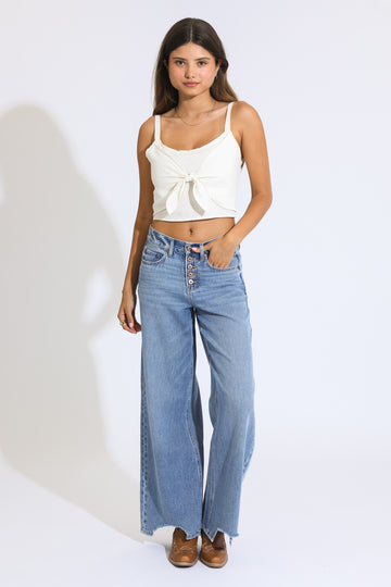 Talia Buttonfly Wide Leg Jeans - Medium Blue Black