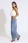 Talia Buttonfly Wide Leg Jeans - Medium Blue Black