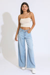 Double Button Wide Leg Jean - Medium Blue Black