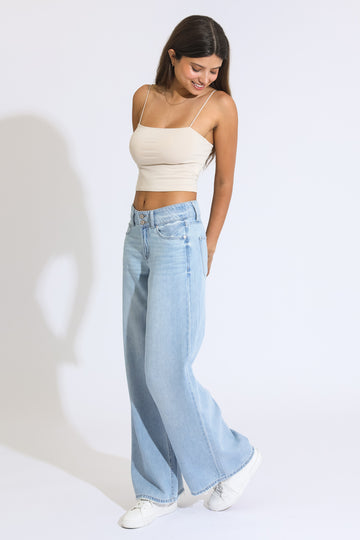 Double Button Wide Leg Jean - Medium Blue Black