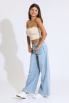 Double Button Wide Leg Jean - Medium Blue Black