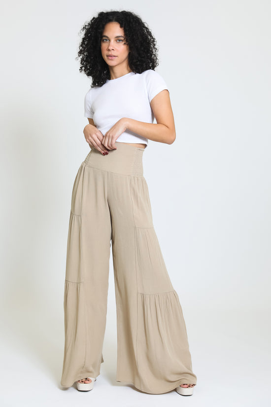 TIE WAIST TIERED WIDE LEG PANT - Khaki Mist – Rewash Brand