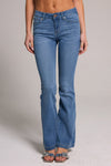 Stylish Low Rise Bootcut Jeans - Medium Blue Black, featuring a comfortable blend of 58% cotton and 2% spandex.