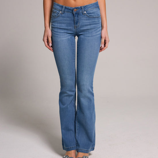 Stylish Low Rise Bootcut Jeans - Medium Blue Black, crafted from a blend of cotton, polyester, rayon, and spandex.