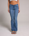 Stylish Low Rise Bootcut Jeans - Medium Blue Black, crafted from a blend of cotton, polyester, rayon, and spandex.